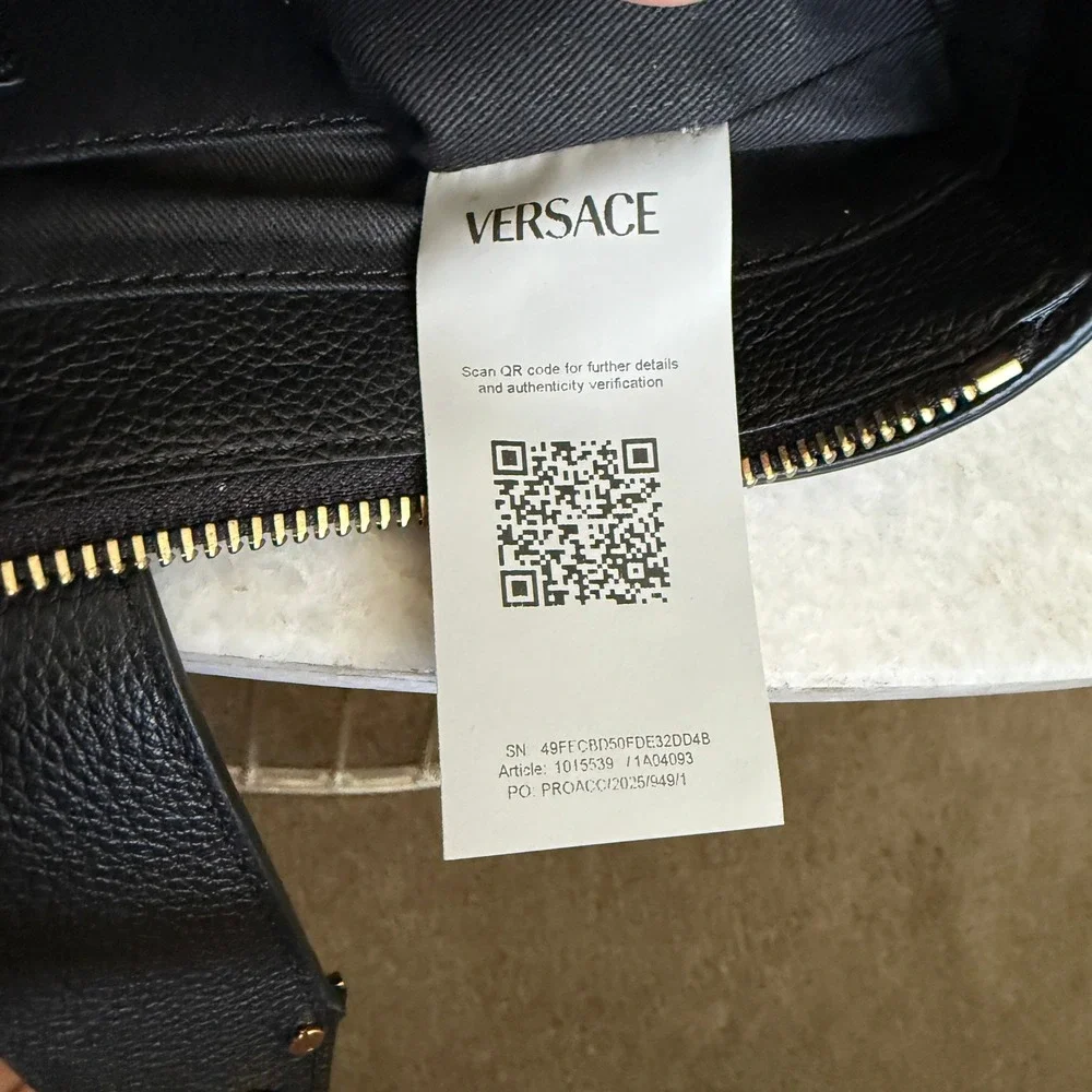 Versace Virtus‎ Small Hobo Bag Black Grained Leather Gold Barocco V